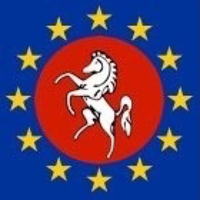 Mid Kent Logo. On a red roundel a white stallion rampant, all surrounded by a ring of twelve gold stars on a blue background.